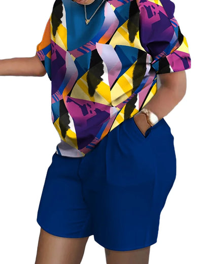 Ladies Casual Summer Two Piece Sets Printed Shorts Sets Women Round Neck Short Sleeve T Shirts Pullover High Waist Trousers Suit