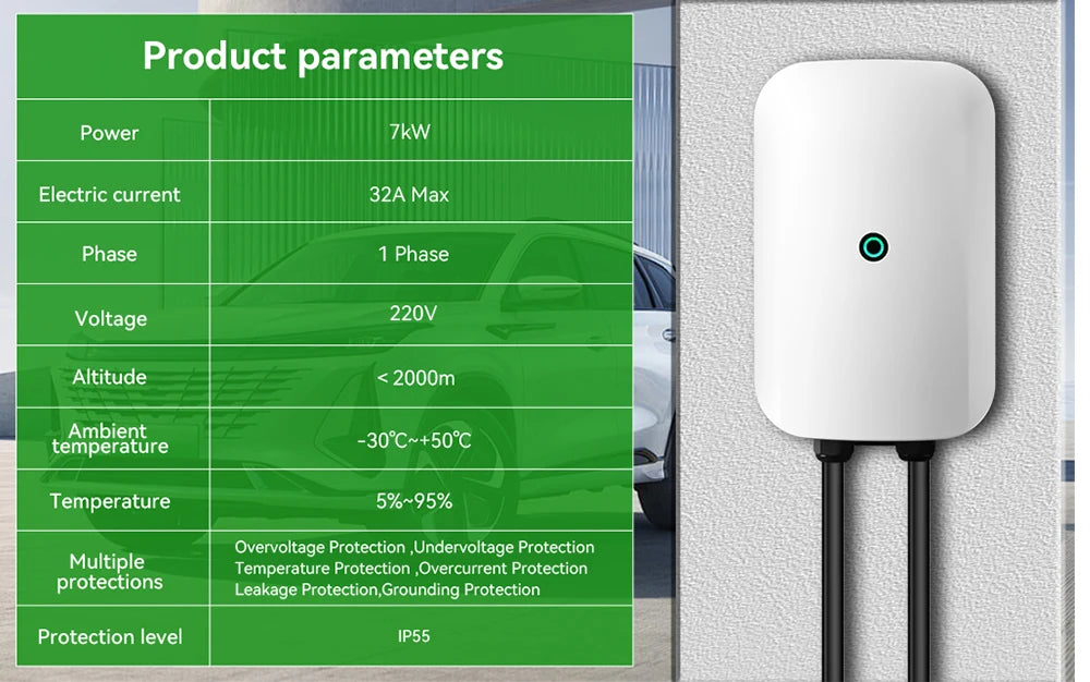 ADPOW Type1 7KW EVSE Wallbox Plug and Play EV Charger 32A Max SAE J1772 Plug Electric Vehicle Charging Station 10m Cable