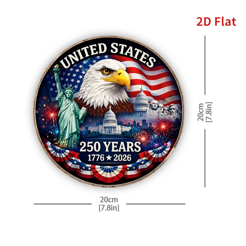 2D Flat - 1pc 19.99x19.99cm Round Aluminum Sign | USA 250 Years Anniversary Metal Art Sign, Patriotic Home Decor, 1776-2026 Amer