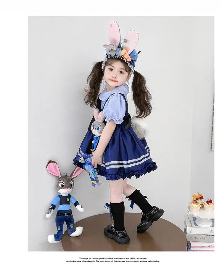 Girl Cosplay Judy Hopps Police Officer Dress Ear Sheriff Hat Bunny Costume Kids Dress Up Halloween Rabbit Disguise Dress Outfits