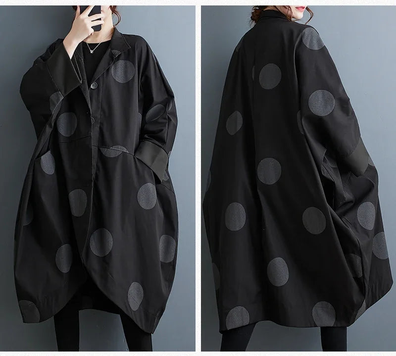 Oversized Polka Dot Trench Coat Women Vintage Autumn Loose Ladies Outwear Casual Trench Coats Fashion Woman Long Jacket Coat