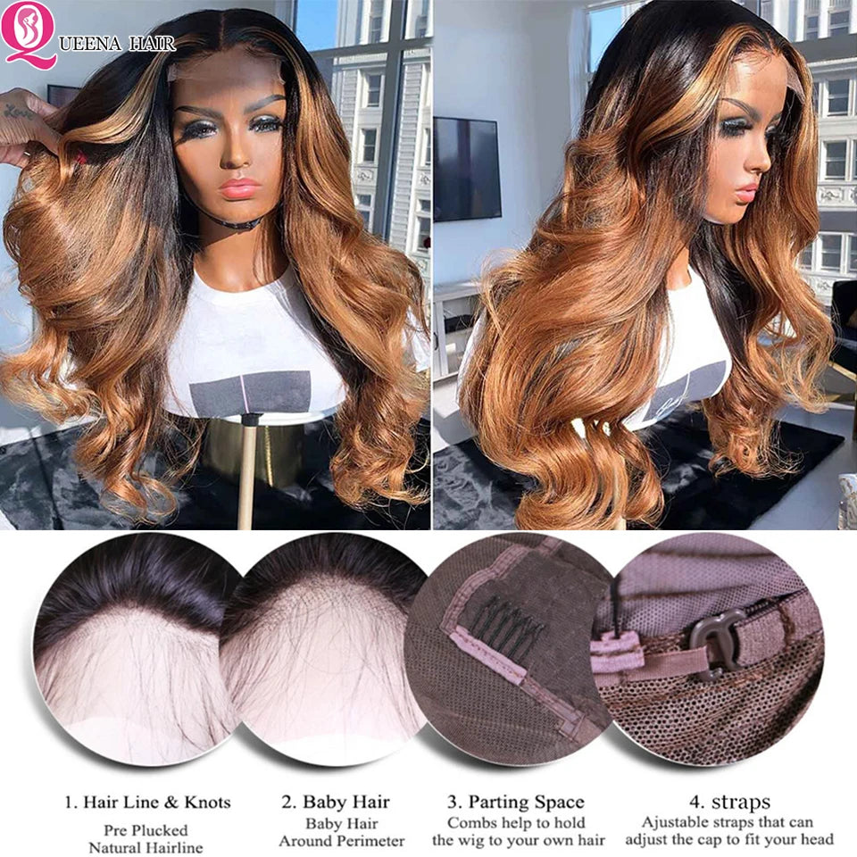 Honey Blonde Lace Front Wig PrePlucked 1B 27 Human Hair Wigs Ombre Body Wave Lace Front Human Hair Wig 180% Raw Bodywave 30 Inch