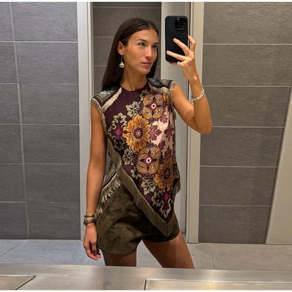 Fashion Tassel Printed Irregular Top Women Loose O-neck Sleeveless Patchwork Vest 2026 Summer Lady New Casual Beach Y2k Outfit