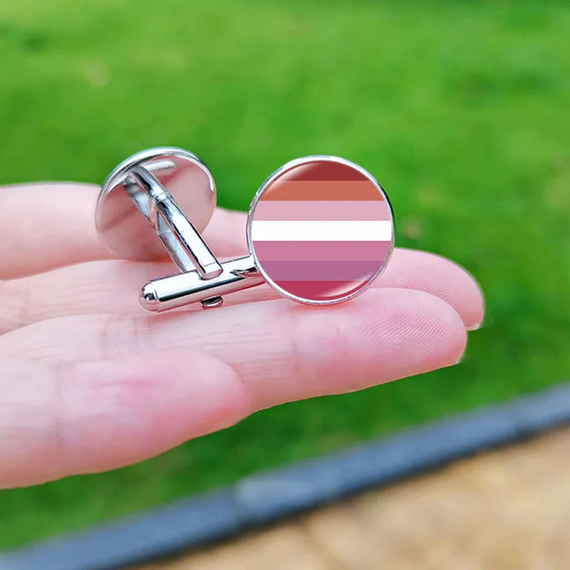 Lesbian Gay Pride Cufflinks for Fans LGBT Creative Rainbow Flag Glass Gem Charm Shirt Decoration Cuff Buttons