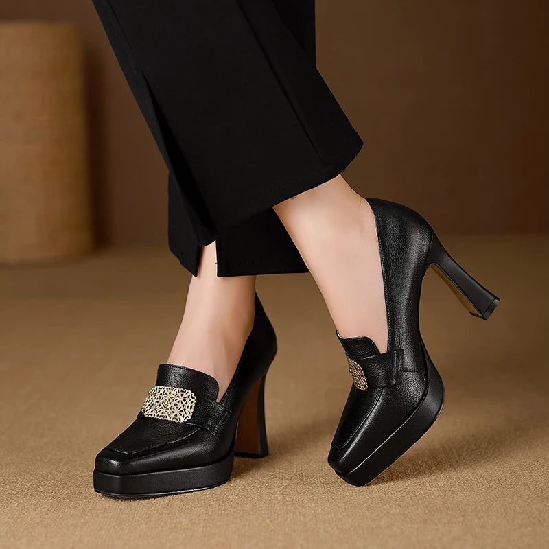 【JOCHEBED HU】Brand Genuine Leather Platform Shoes for Ladies Square Toes Women's Sewing Lines High Heels Leather