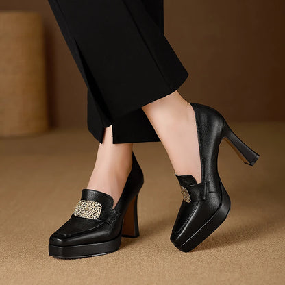 【JOCHEBED HU】Brand Genuine Leather Platform Shoes for Ladies Square Toes Women's Sewing Lines High Heels Leather