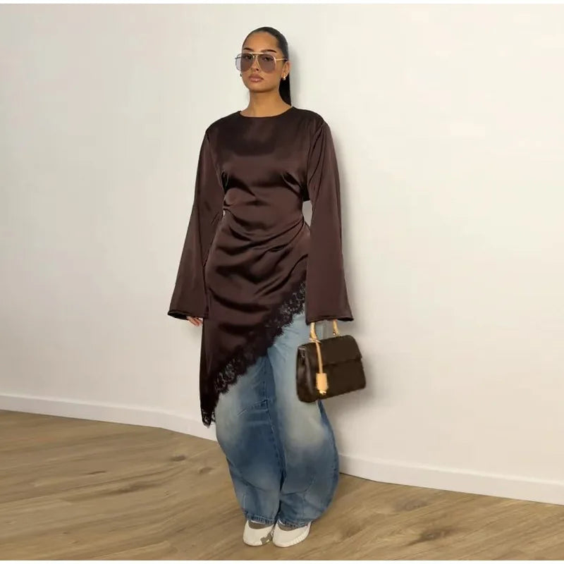 Tie Up Lace Women's Top Sexy O-neck Patchwork Irregular Full Sleeves Blouse Female 2026 Spring Fashion All Match Woman Shirts