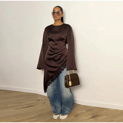 Tie Up Lace Women's Top Sexy O-neck Patchwork Irregular Full Sleeves Blouse Female 2026 Spring Fashion All Match Woman Shirts