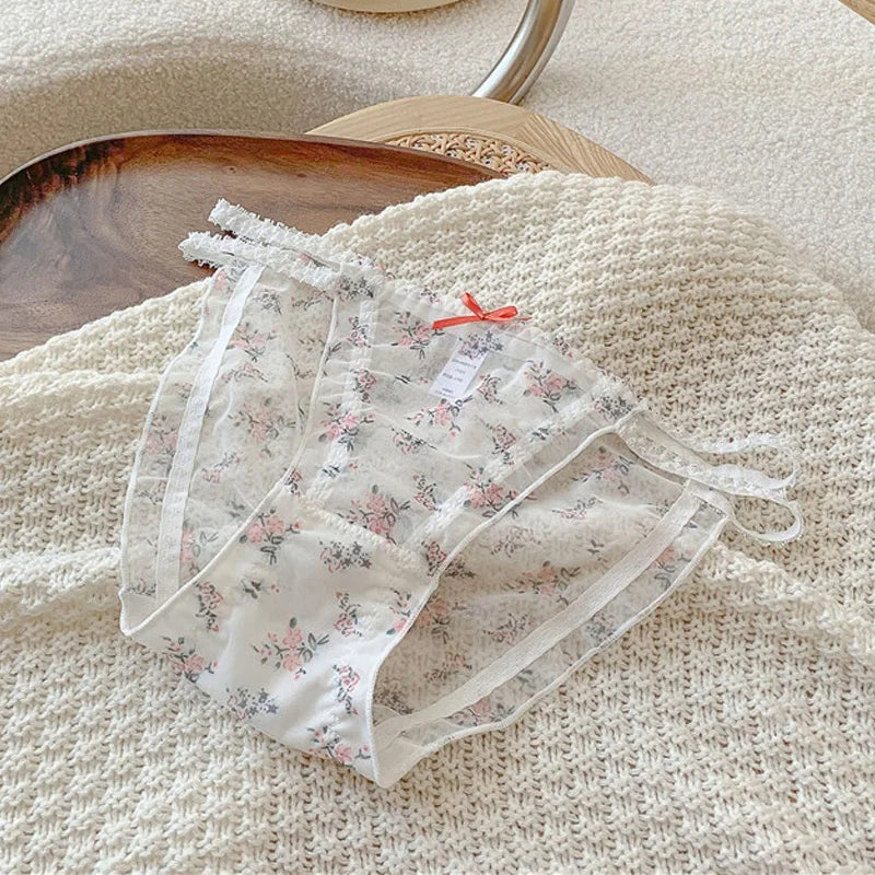Women's Panties Cross Waistband Hipsters Low Rise Lace Strappy Panties Transparent Mesh Floral Pattern Sweet Bowknot Sexy Female
