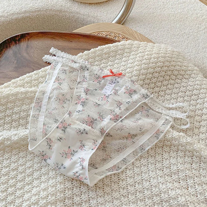 Women's Panties Cross Waistband Hipsters Low Rise Lace Strappy Panties Transparent Mesh Floral Pattern Sweet Bowknot Sexy Female