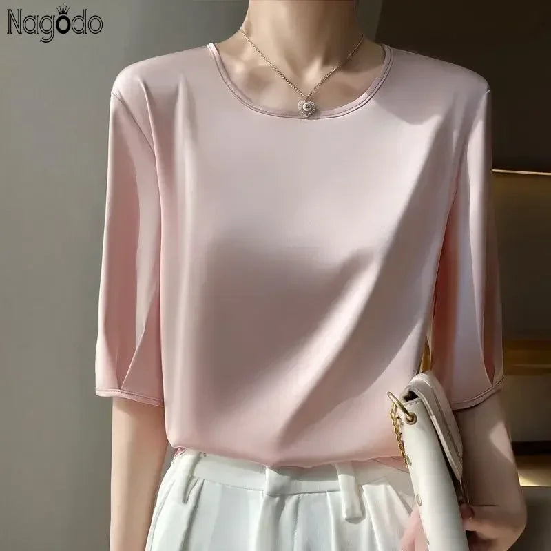 Summer satin Women Blouse Silky Loose Woman Shirt lady's half Sleeve tops Casual solid t-shirt O-Neck pullover women's clothing