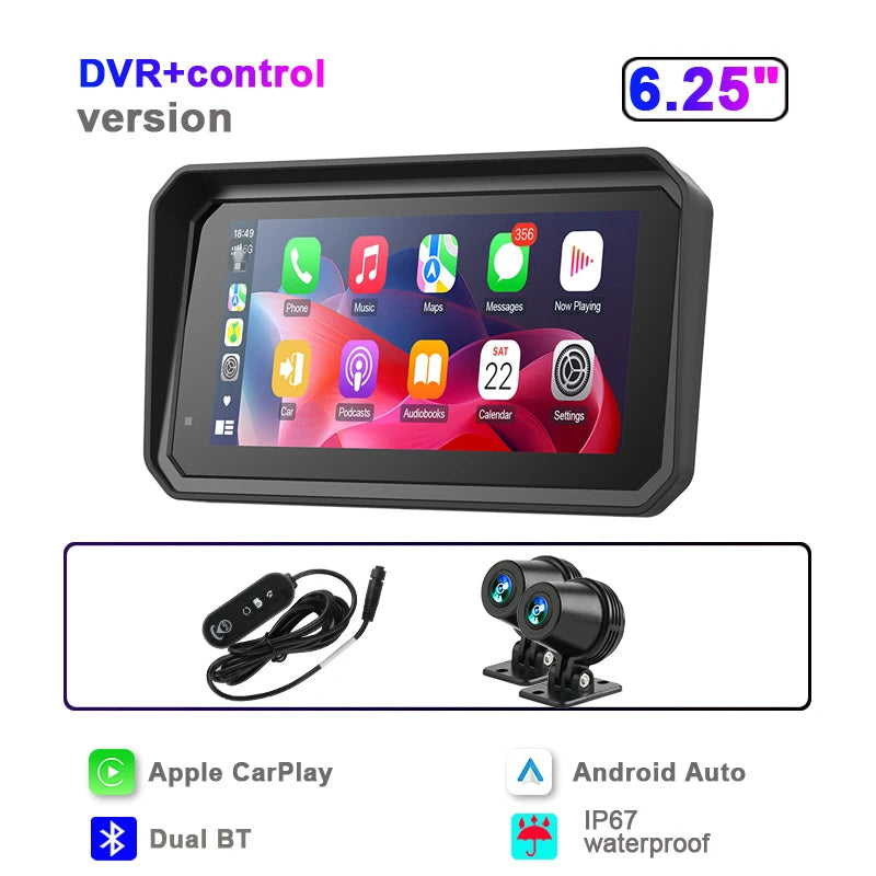 JMCQ Portable 6.25 inch Motorcycle GPS Navigation IPX7 Waterproof Wireless CarPlay Android Auto Drive Recorder Support 4K DVR