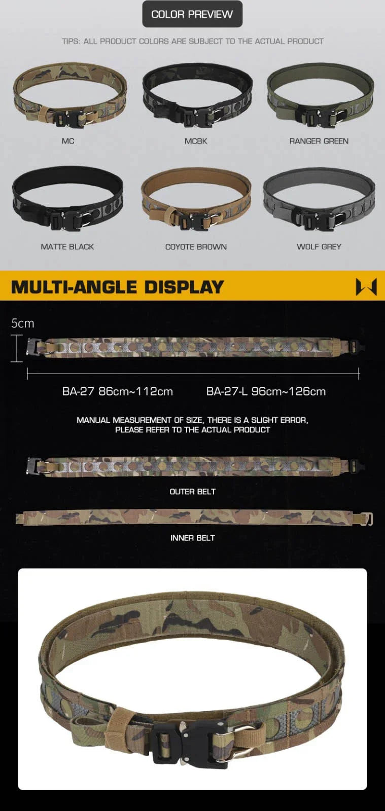 Tactical Ferro-style Bison Lightweight Belt with Quick Detach Metal D-Ring Buckle MOLLE Men's Waist Belt Hunting Pistol Airsoft