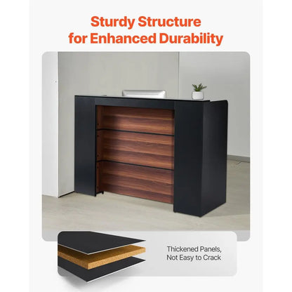 62 Rectangular Front Counter Desk with LED Light for Retail, Lobby, and Office Use, Black & Brown