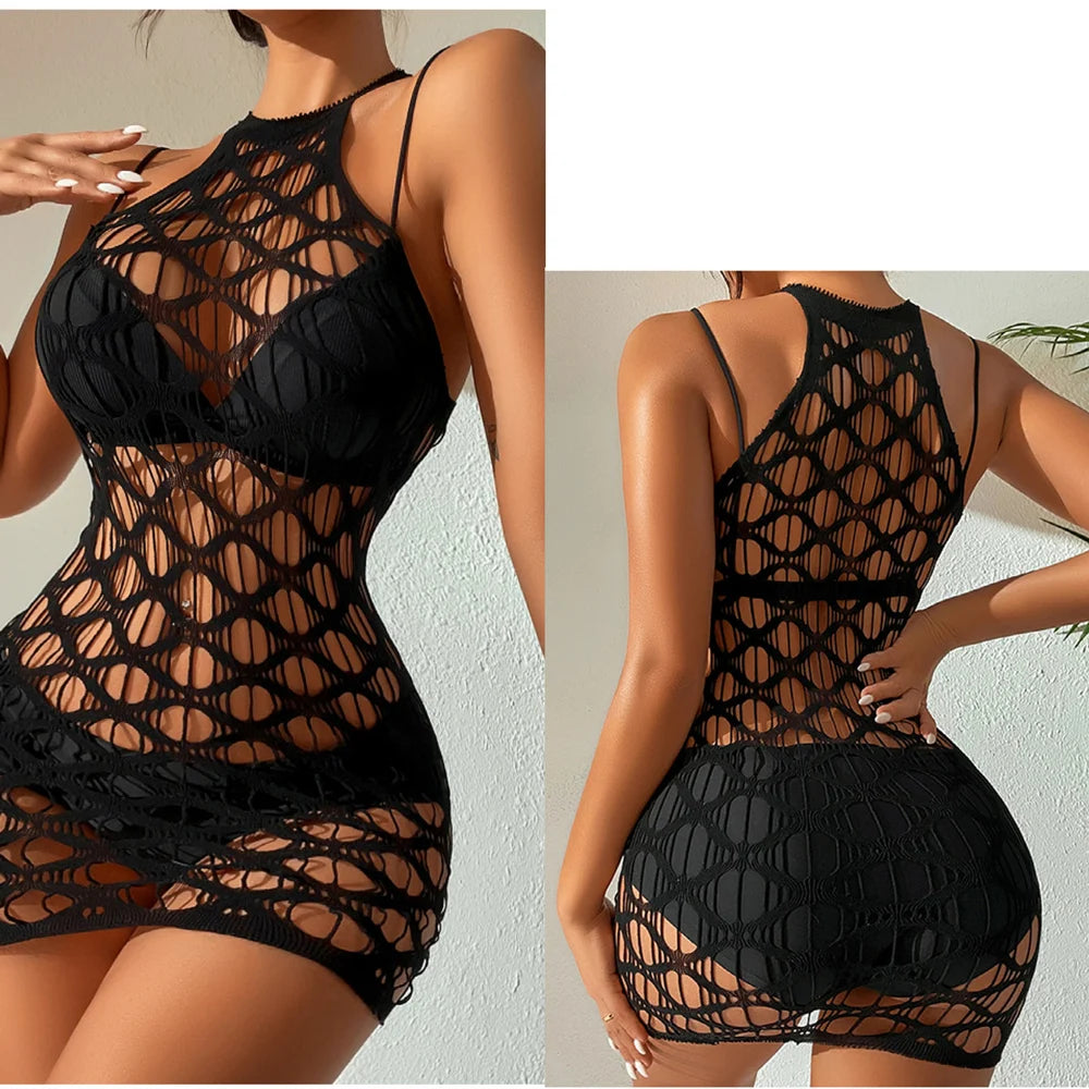 Sexy Women Fishnet Bodycon Mini Dress Mesh Hollow Out See Through Lingerie Erotic Perspective Temptation Nightdress Costume