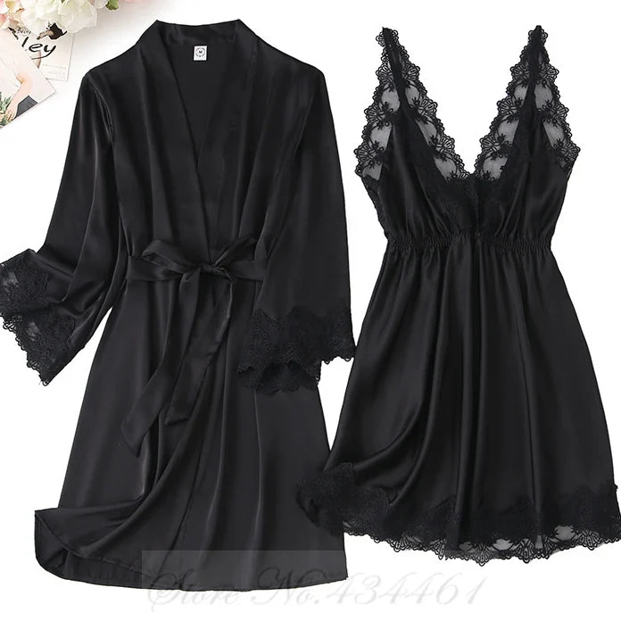 Burgundy 2PCS Robe Set Nightgown Sexy Lace Kimono Bathrobe Gown Nightdress Sleepwear Summer Satin Loose Home Wear Loungewear
