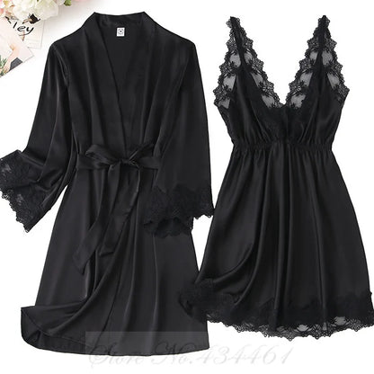 Burgundy 2PCS Robe Set Nightgown Sexy Lace Kimono Bathrobe Gown Nightdress Sleepwear Summer Satin Loose Home Wear Loungewear