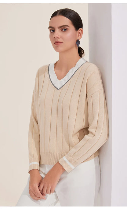 BY4521246 Women's Luxurious V-Neck Long Sleeve Sweater 100% Cotton Casual Knitted Pullover Fall Winter 2025