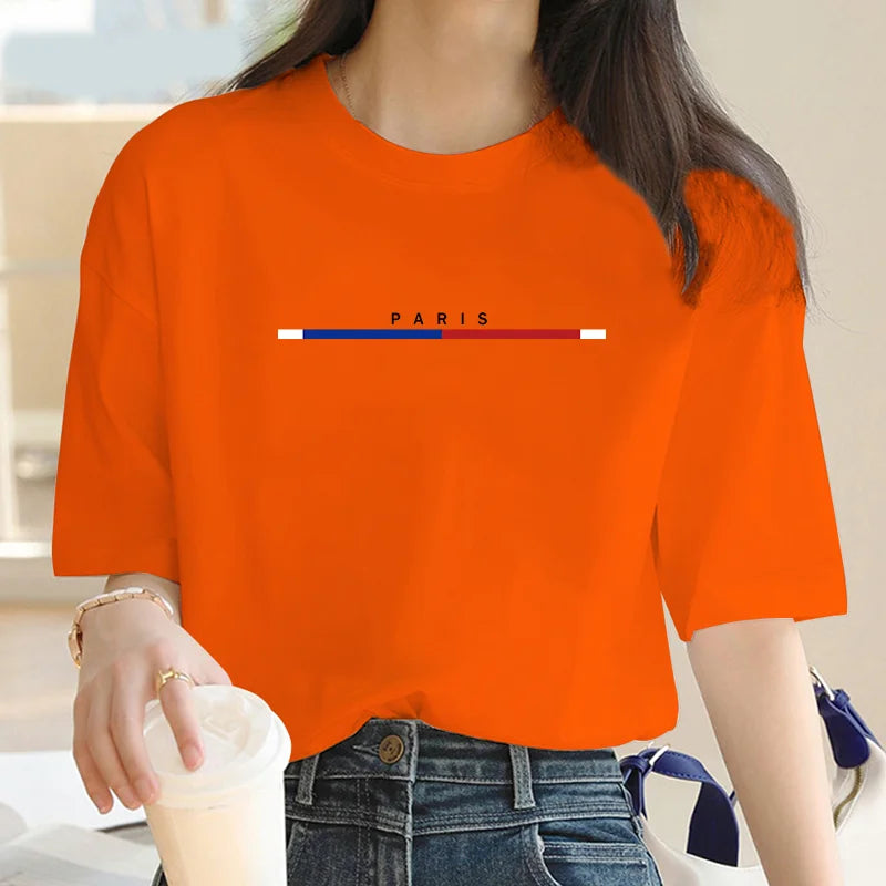 Women's T-shirt 100% cotton color Paris fashion print T-shirt Short sleeve summer street Y2K top loose plus size shirt