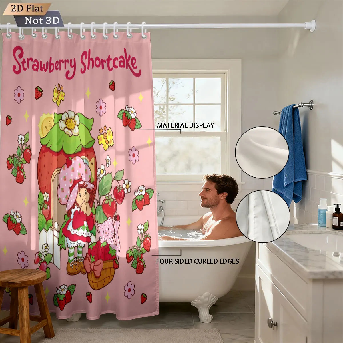 1pc Pink Cake Girl Printed Waterproof Shower Privacy Partition Shower Curtain With 12 Hooks Multiple Sizes Machine Washable