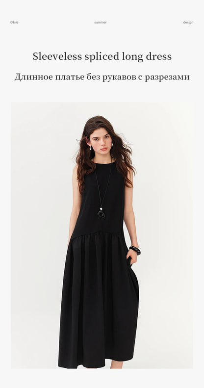 FSLE Women's Minimalist Commute Sleeveless Crew Neck Slim Fit Tank Dress 2026 Summer New Arrival Elegant Black Long Daily Dress