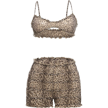 Weird Puss Leopard Print Women 2 Piece Set Sexy See Through Summer Ruffles Camisole+Shorts Vacation Matching Clubwear Outfits