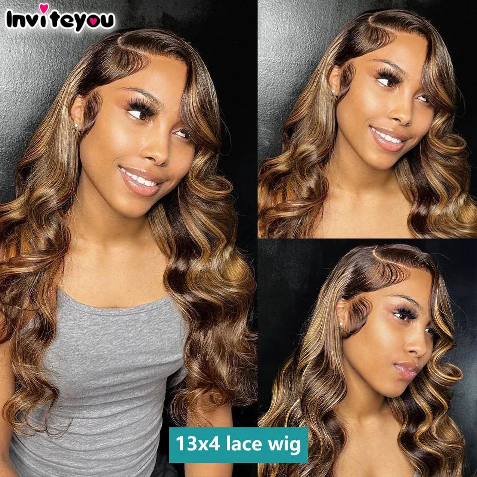 13x4 13x6 Hd Highlight Body Wave Lace Front Wig For Women Remy P4/27 Ombre Human Hair Lace Frontal Human Hair No Glue 4x4 Wigs