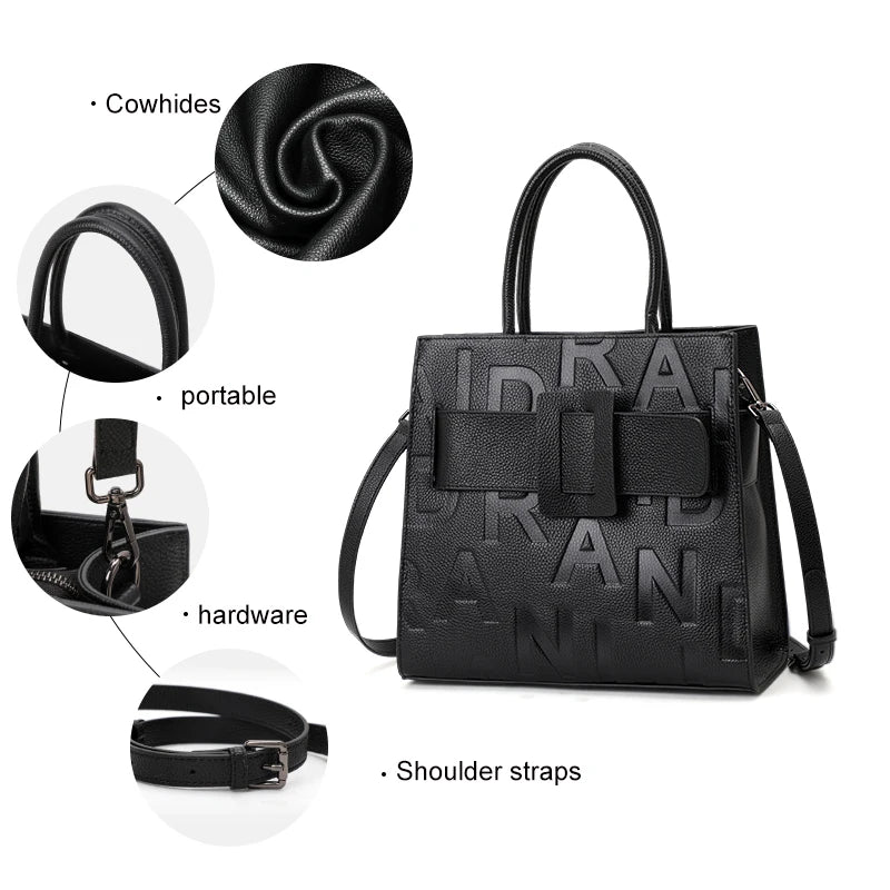Aidrani women's large capacity handbag with letter print design, made of cowhide material, black