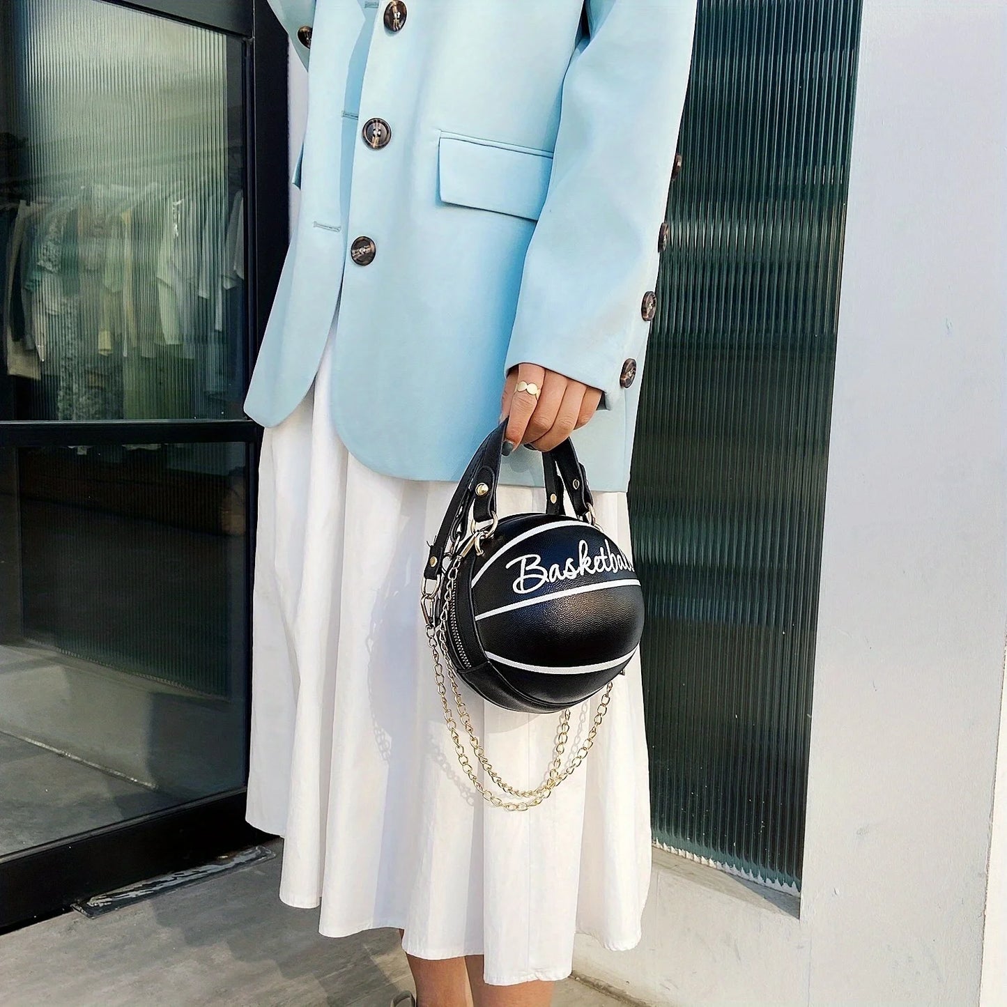 Basketball Shaped Crossbody Bag, Trendy Y2K Chain Shoulder Bag, PU Leather Top Handle Circle Purse Purses and Handbags Hand Bags