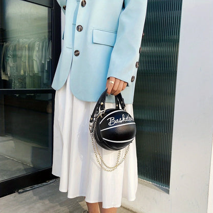Basketball Shaped Crossbody Bag, Trendy Y2K Chain Shoulder Bag, PU Leather Top Handle Circle Purse Purses and Handbags Hand Bags