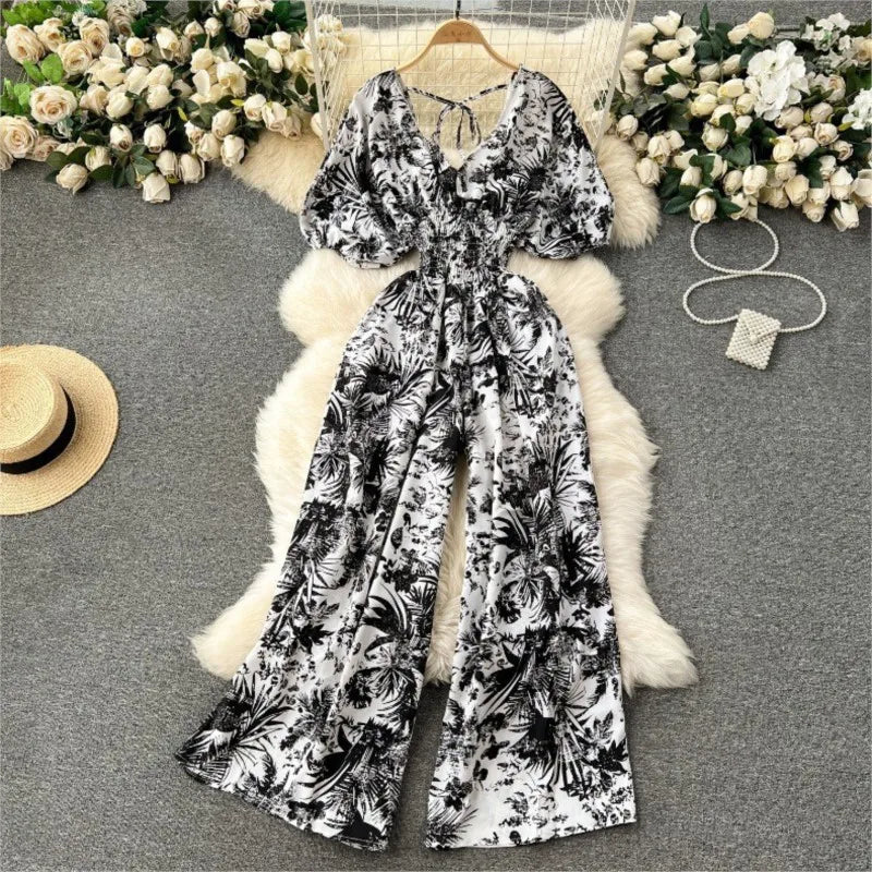 Women's Print Jumpsuit Casual V-neck Bubble Sleeve Backless Lace-Up Slimming Summer Beach Vacation Loose Wide Leg Jumpsuit