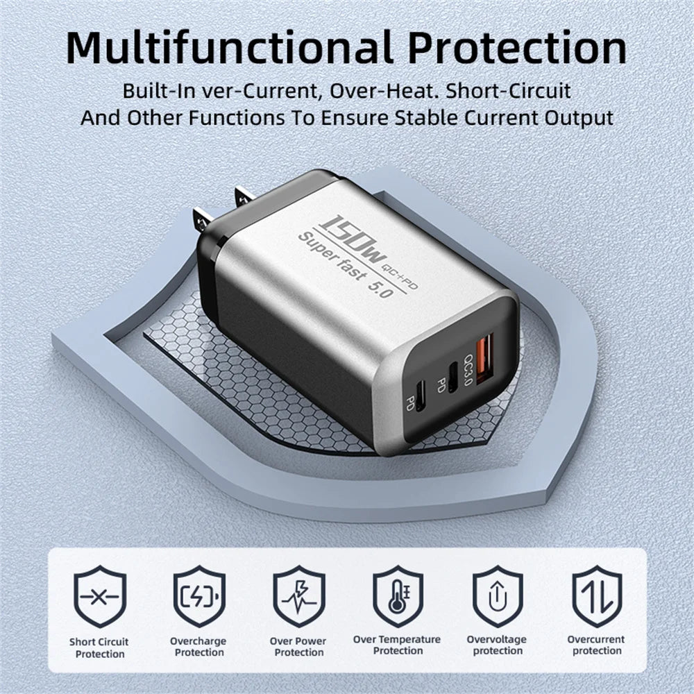 150W USB Type C Charger USB QC3.0 Fast Charging Mobile Phone Charger Travel Adapter For iPhone 17 Samsung Xiaomi EU/UK/US Plug