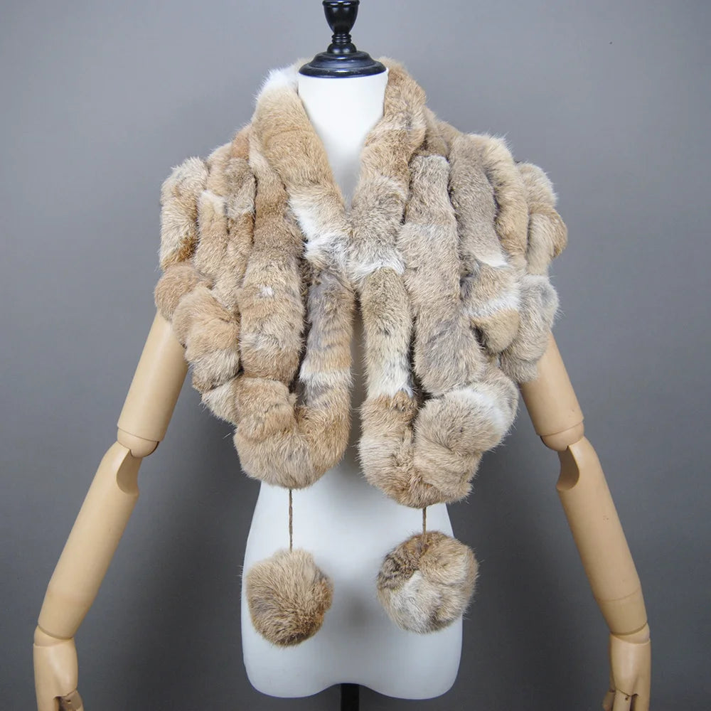 New Lady Winter Real Rabbit Fur Scarf Natural Warm Soft Rabbit Fur Shawl Women Fashion Outdoor Knit 100% Real Rabbit Fur Scarves