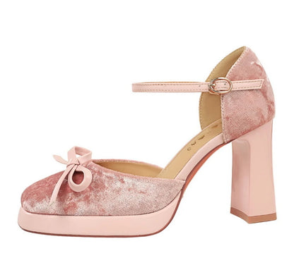 Velvet Platform Ankle Strap High Heels With Bow Block Heel Party Prom Evening Formal Comfortable Thick Heel Closed Toe Sandals