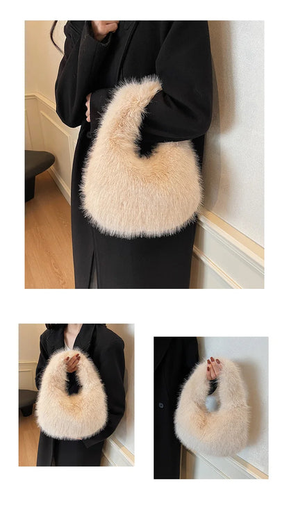 Solid Color Faux Fur Bag for Women Winter Soft Plush Handbags Ladies Small Elegant Tote Bags Fashion Trend Female Furry Purse