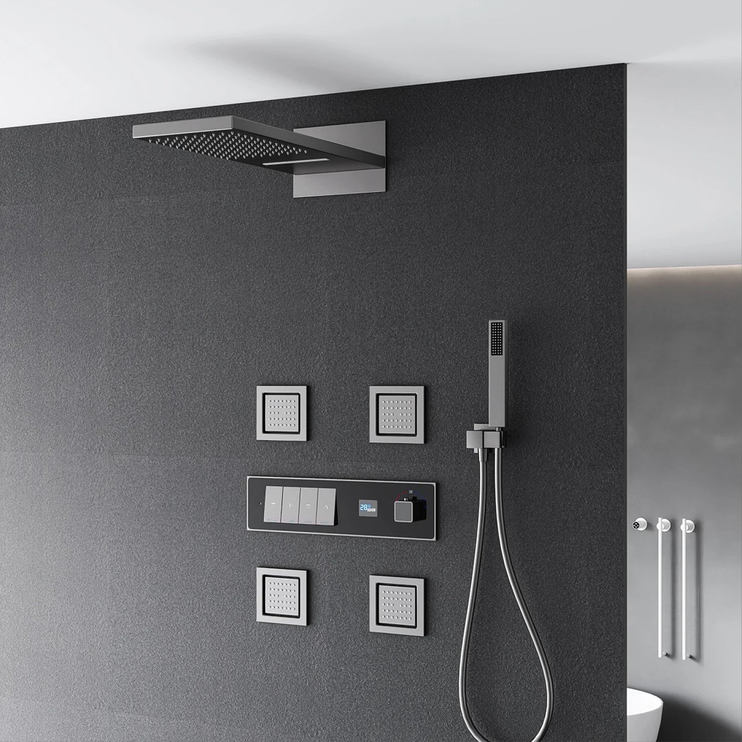 Gun gray brass luxury LED digital display constant temperature shower system embedded ceiling hot and cold water bathroom mixer