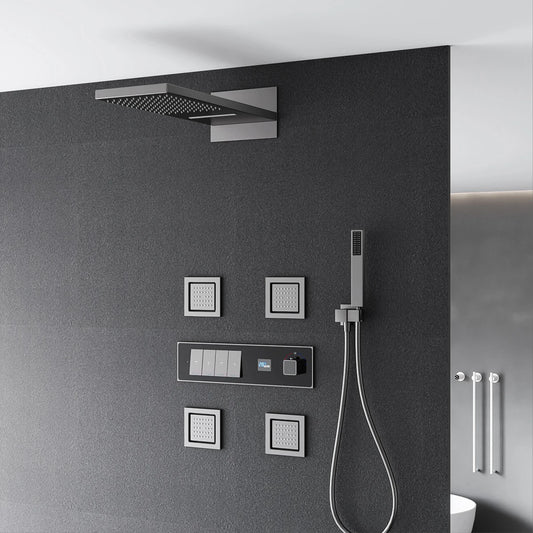 Gun gray brass luxury LED digital display constant temperature shower system embedded ceiling hot and cold water bathroom mixer