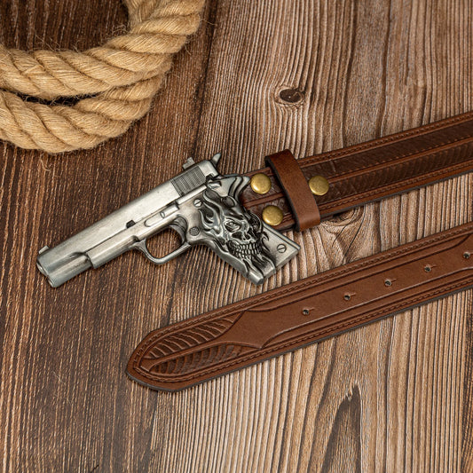 The ghost head element pistol craftsmanship large buckle striped PU embossed button personalized casual men's belt