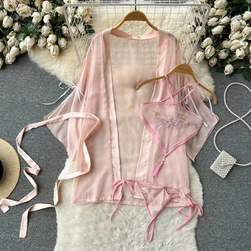 Japanese Kimono V-neck Printed Flower Bow Waist Shaping Cardigan Dress Women Clothing Loose Long Sleeve Vintage Sexy Lace-up New