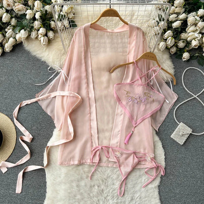 Japanese Kimono V-neck Printed Flower Bow Waist Shaping Cardigan Dress Women Clothing Loose Long Sleeve Vintage Sexy Lace-up New