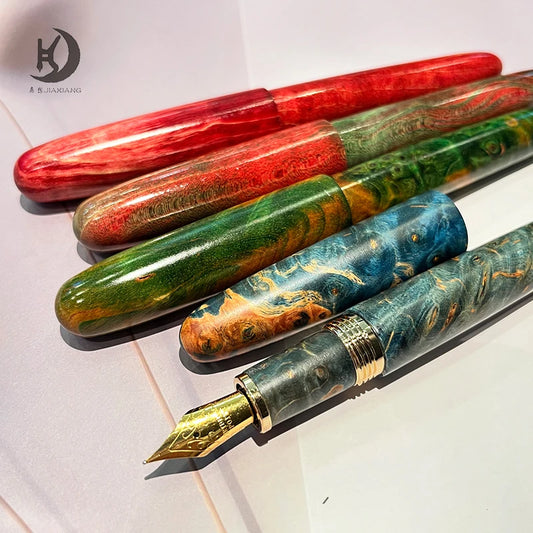 Natural Stabilized Wood Fountain Pen, Fine Nib Carving Handcraft Pen with Converter (Grass Green/Red/Blue)