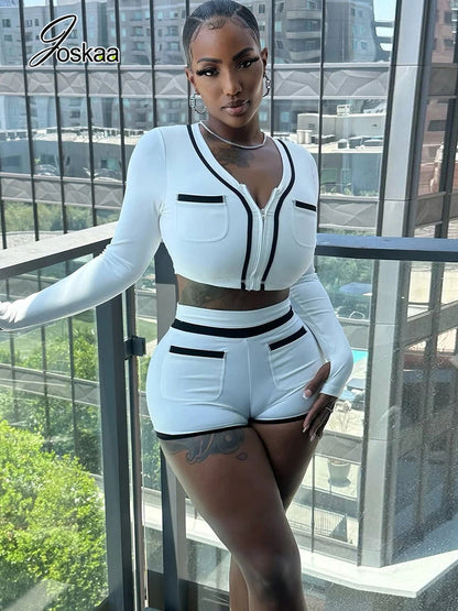 Joskaa 2025 Women's Patchwork Sporty 2 Piece Set Casual Full Sleeve Zip Crop Tops+Shorts Matching Tracksuits Y2k Streetwear