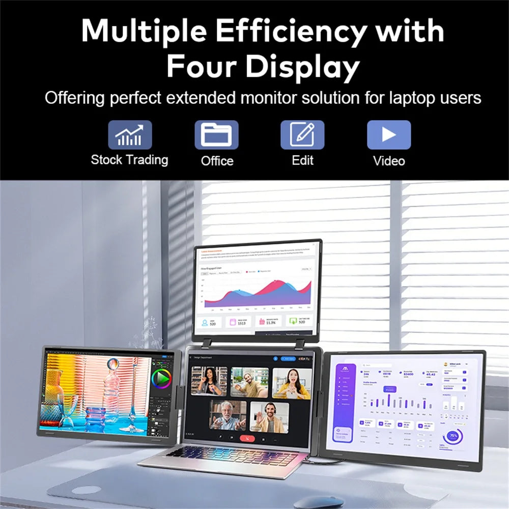 Triple Screen Portable LCD Backlit Monitor FHD Display Secondary Screen Connected to Notebook with 1 Cable Sub Screen Extender