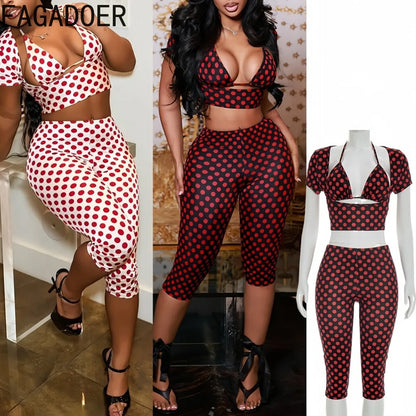 FAGADOER Sexy Woman 3 Piece Set Outfit Polka Dot Print Patchwork Short Sleeve Crop Top and Pants Matching Female Streetwear New