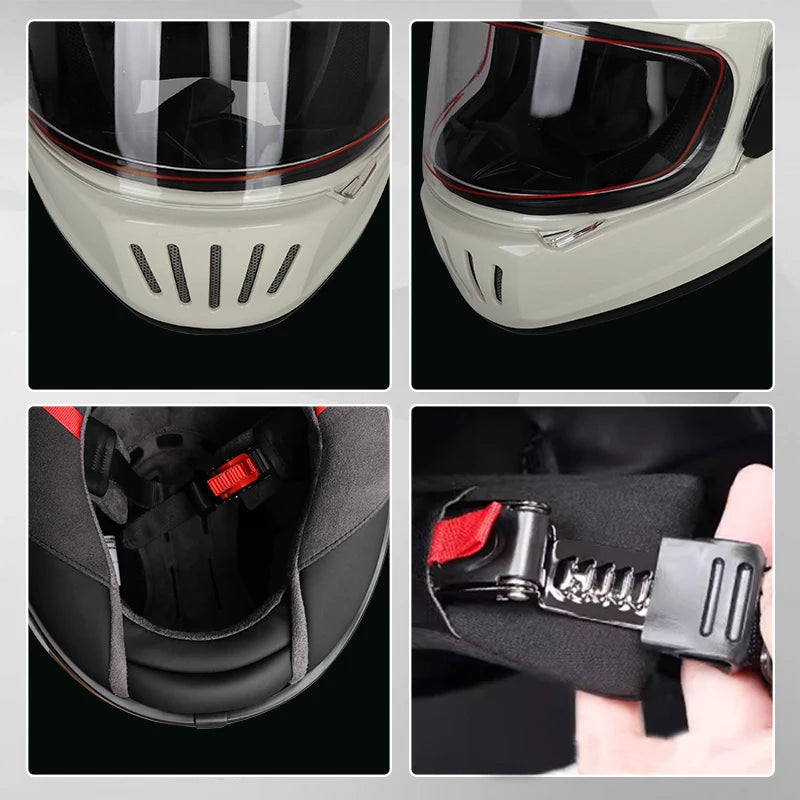 Retro-style full-face helmet with multi-color lenses, ABS material, DOT certified, suitable for all seasons