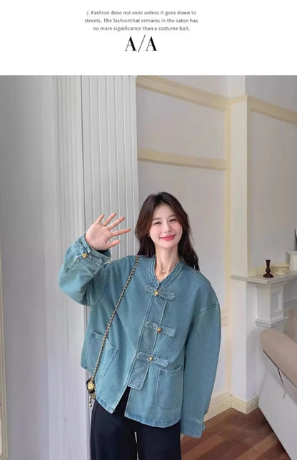 Women Clothing Autumn Fashion Simplicity All-match Temperament Button Solid Color O-neck Female Chinese Style Denim Jacket Tops