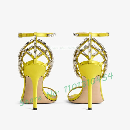 Yellow Crystal Cage Satin Sandals Women Luxury Cross Strap Cover Heel Stiletto Sandals Summer Elegant Ladies Outfit Party Shoes