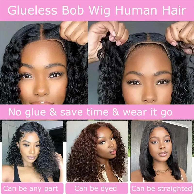 16Inch Wear And Go Glueless Bob Wig Human Hair Short Curly Deep Wave Lace Front Wigs Pre Cut Brazilian Hair 4x4 5X5 HD Lace Closure Wig  220% Density Pre-Plucked No Lace Front Closure Ready to Wear Natural Human Hair Lace Fro