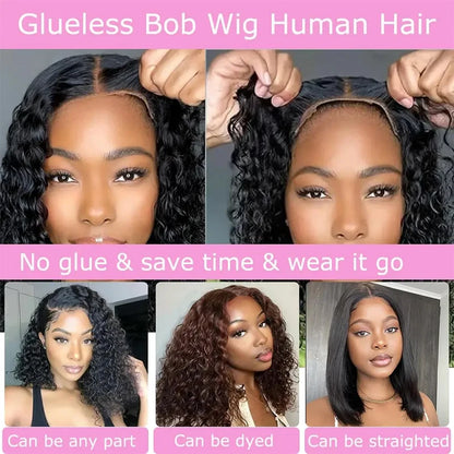 16Inch Wear And Go Glueless Bob Wig Human Hair Short Curly Deep Wave Lace Front Wigs Pre Cut Brazilian Hair 4x4 5X5 HD Lace Closure Wig  220% Density Pre-Plucked No Lace Front Closure Ready to Wear Natural Human Hair Lace Fro