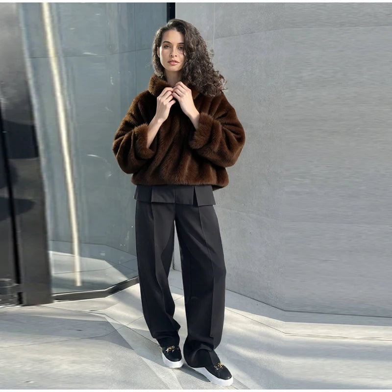 Luxury Faux Fur Hooded Pullovers Women's Loose Full Sleeve Stand Collar Pocket Coats 2025 New Autumn Winter Ladies Solid Outwear